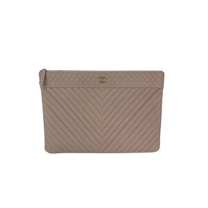 Chanel Caviar Chevron Quilted Large Beige Leather Cosmetic Clutch Bag